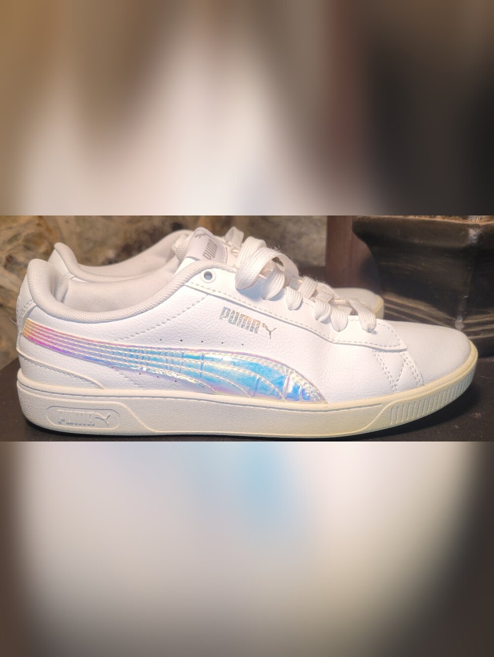 Puma Smash Platform Holographic Iridescent White Leather Sneakers Women's 8